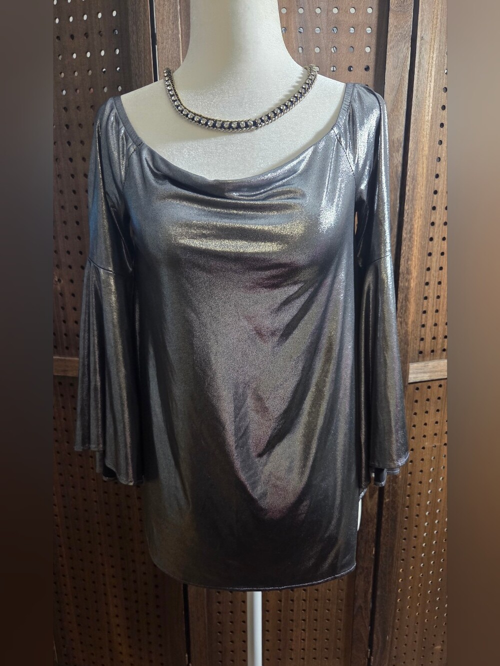 AQUA metallic silver cow-neck blouse